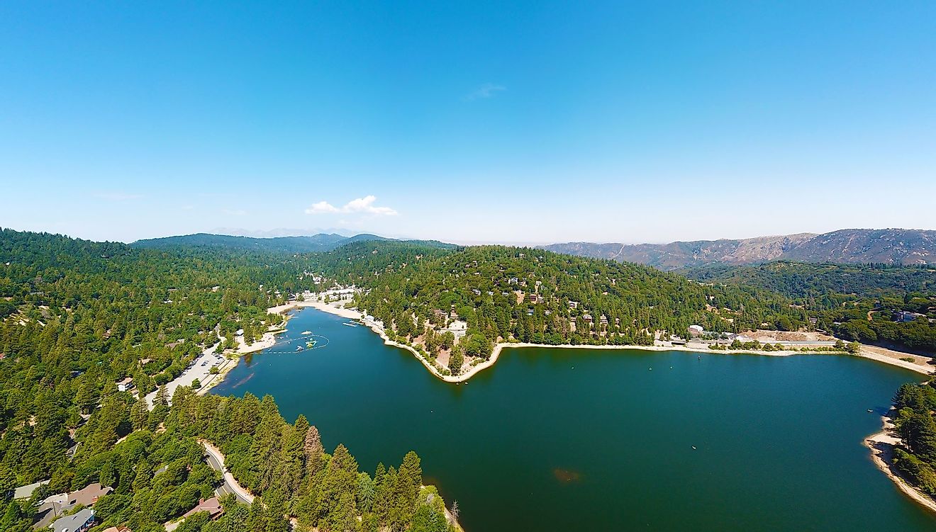 Beautiful aerial panoramic landscape of Lake Gregory at Crestline, California. 