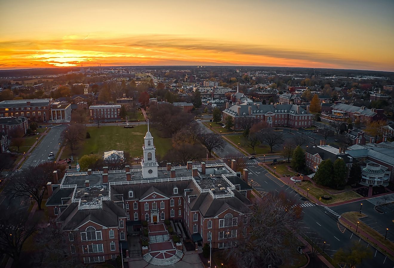 Aerial view of Dover, Delaware in autumn at dusk. 