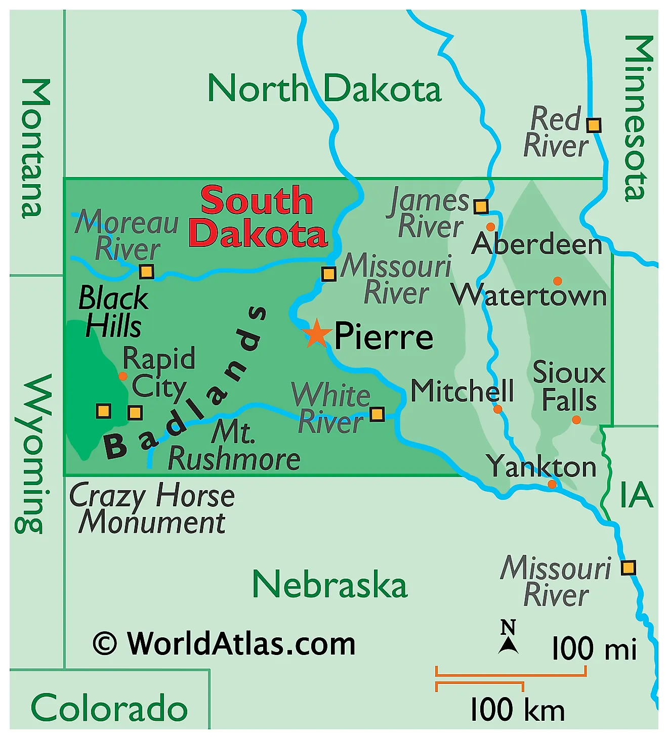 Physical Map of South Dakota. It shows the physical features of South Dakota including its mountain ranges, major rivers and lakes. 