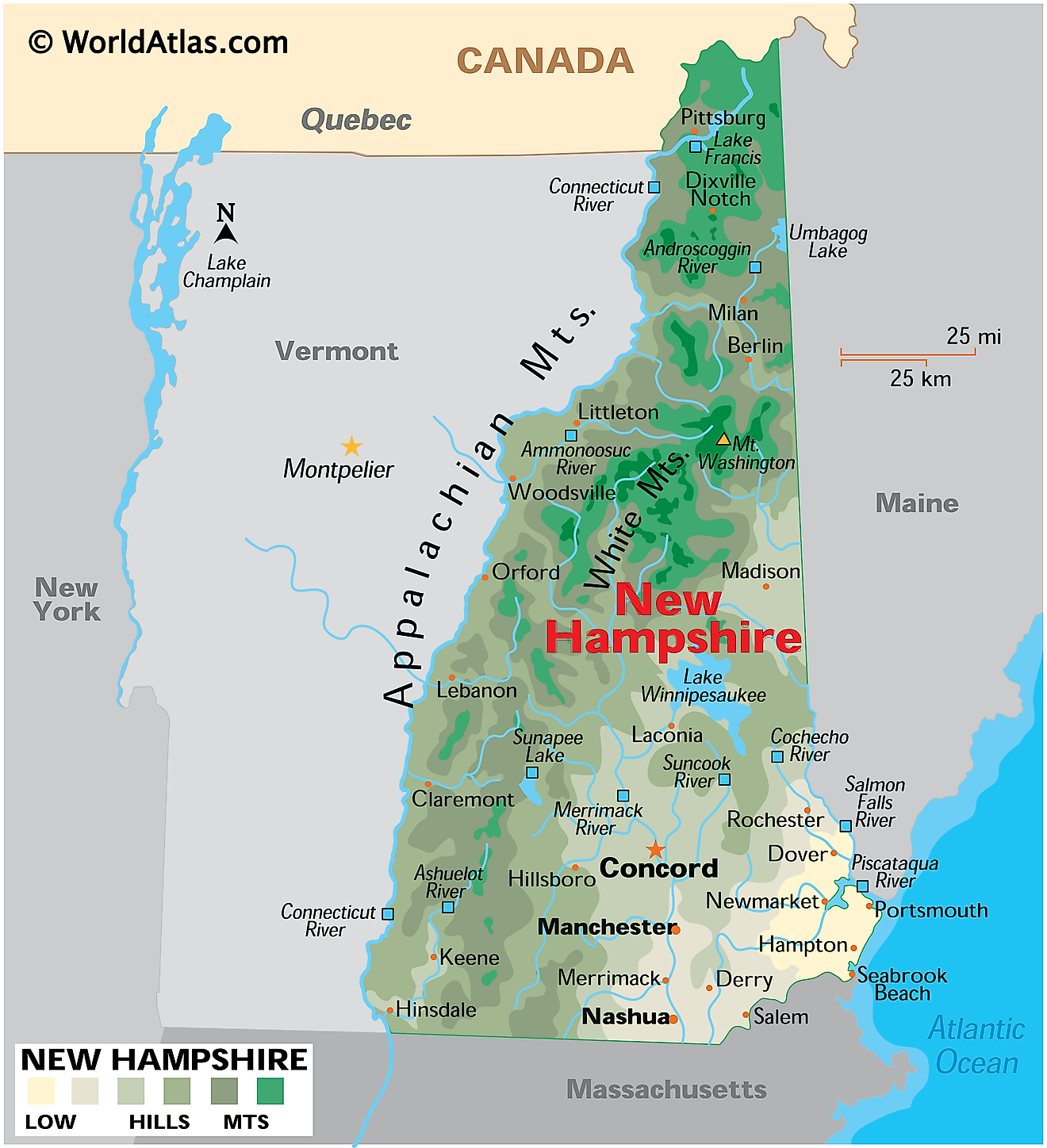 Fysisk Kart Over New Hampshire. Det viser de fysiske funksjonene I New Hampshire, inkludert fjellkjeder, skoger, store elver og innsjøer. 