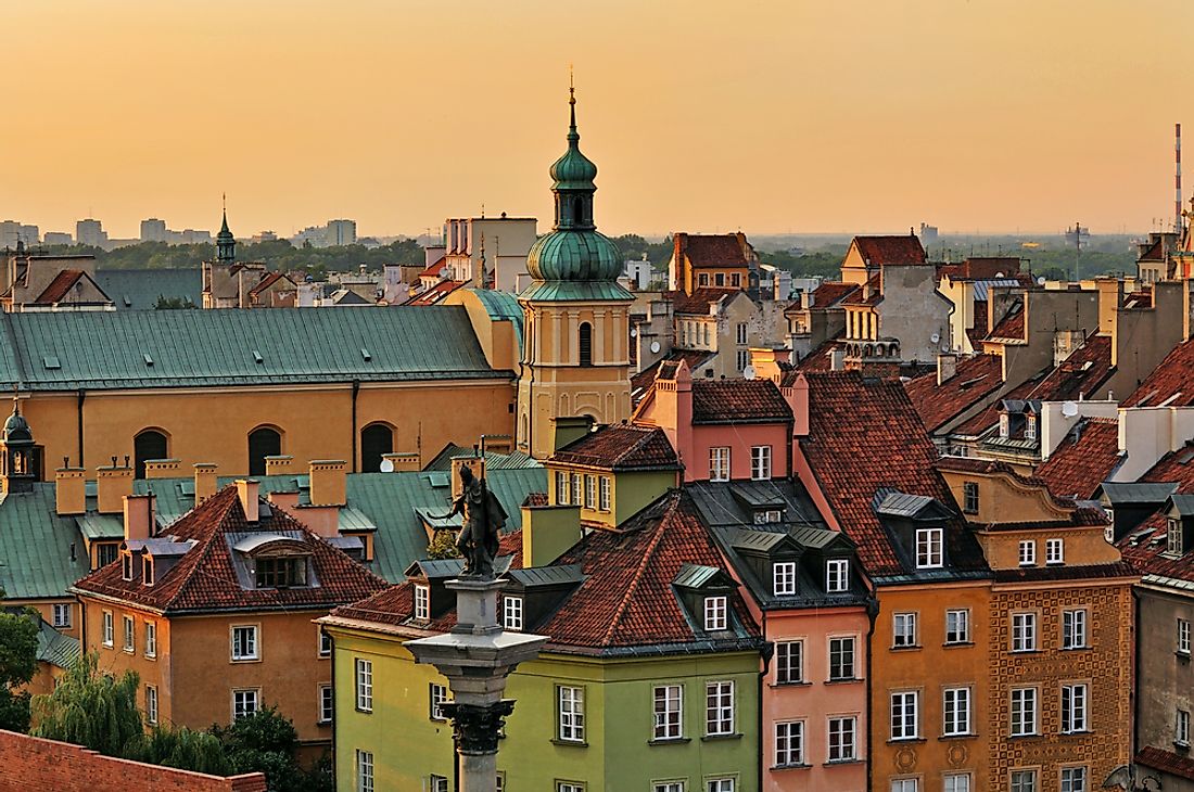 View of Old Town, a popular tourist site in Warsaw, Poland. 