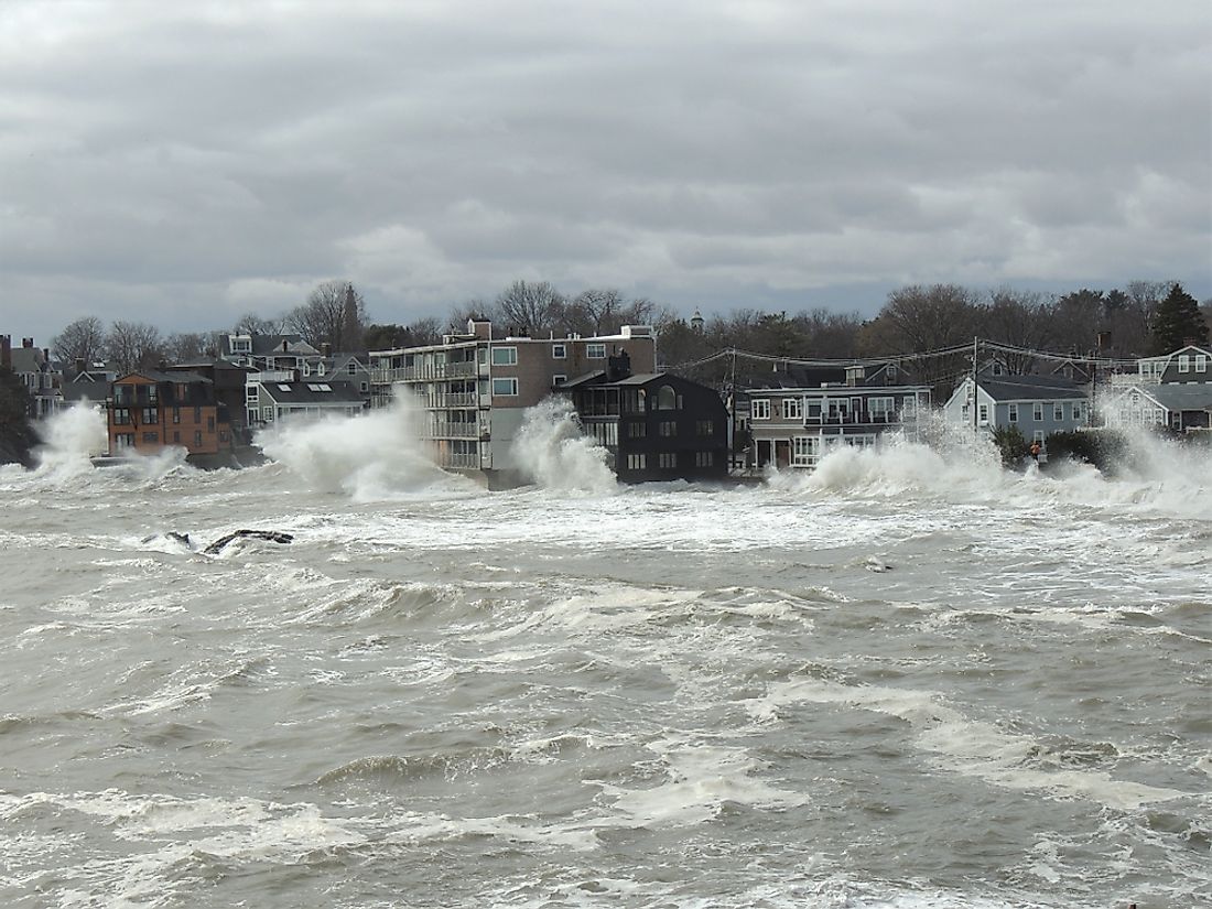 Storm surges cause massive flooding and damage along coastlines. 