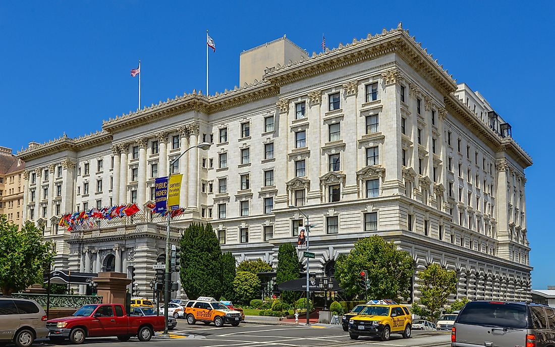 The Fairmont hotel in San Francisco. San Francisco has some of the most expensive hotel rooms in the world. Editorial credit: jejim / Shutterstock.com. 