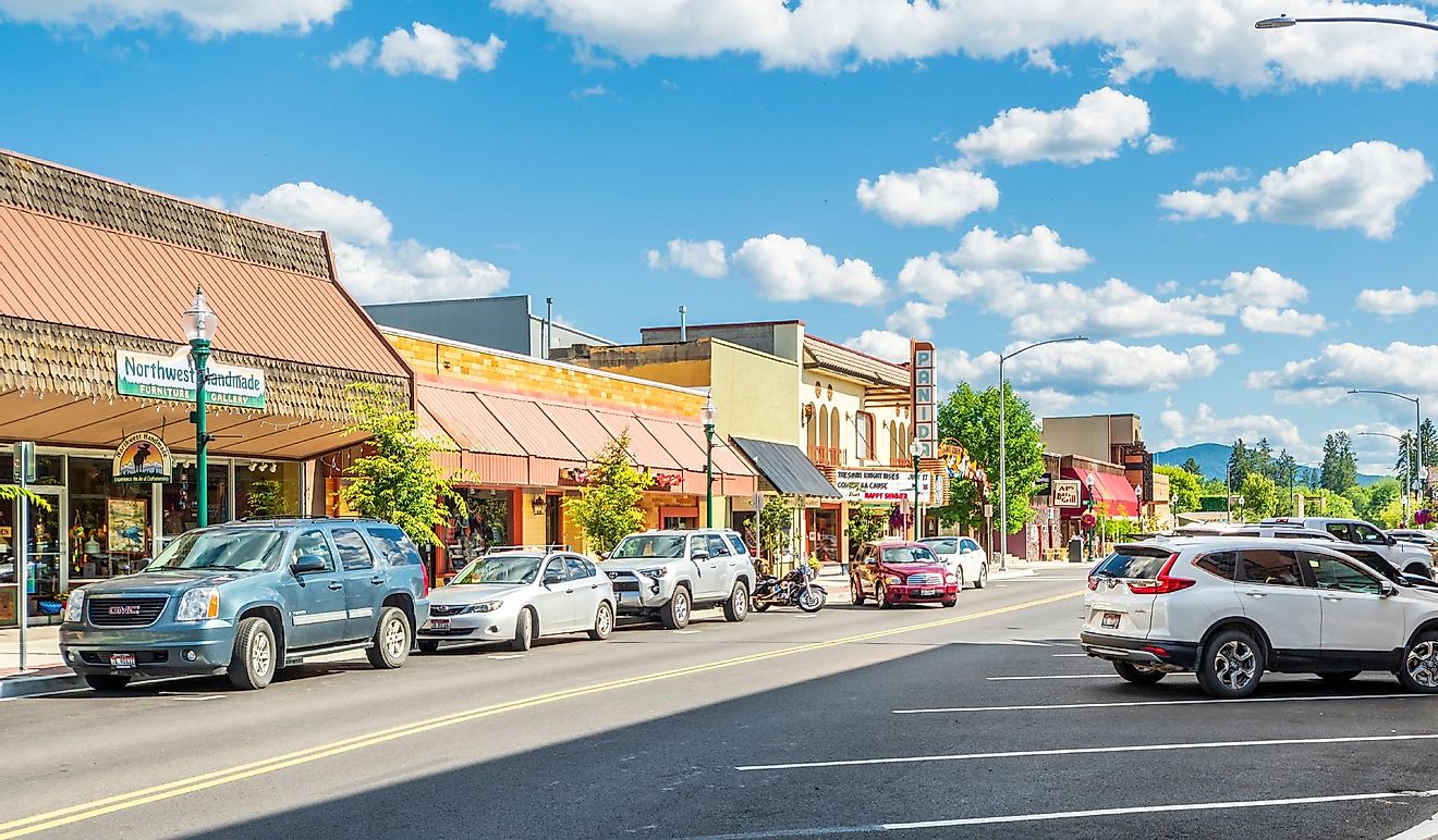  First Avenue, the main street through the downtown area of Sandpoint, Idaho, on a summer day. Editorial credit: Kirk Fisher / Shutterstock.com