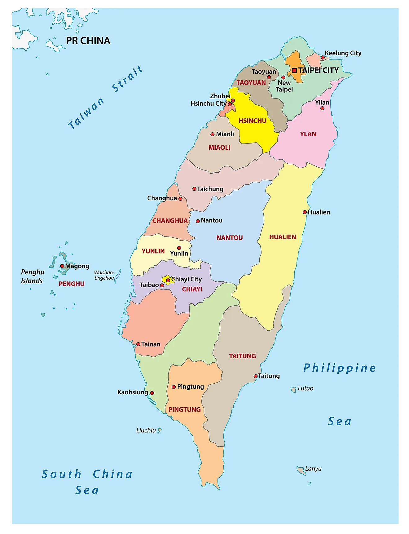 Political Map of Taiwan showing its major administrative divisions and the capital city of Taipei.