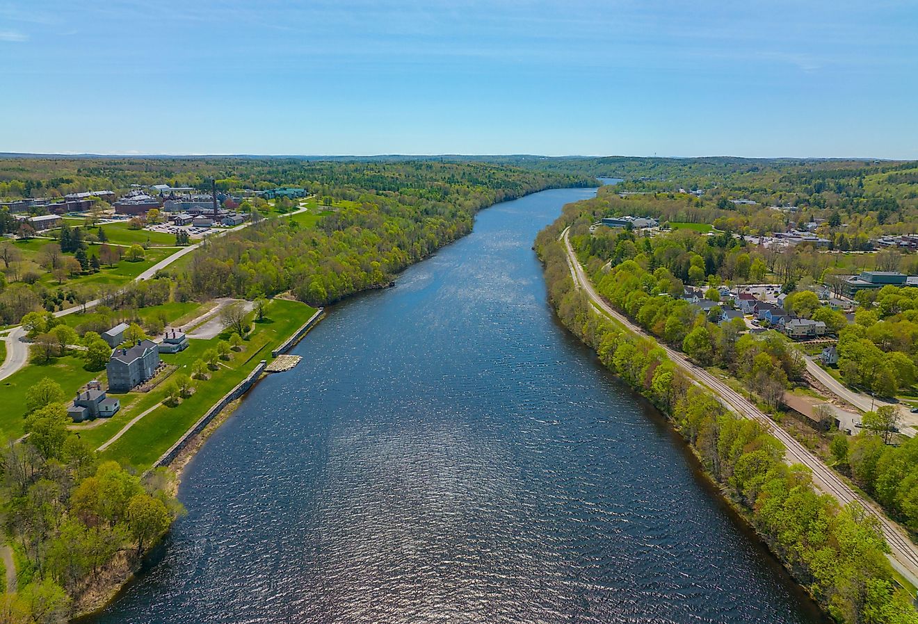 Aerial view of the Kennebec River in spring near the historic downtown of Augusta, Maine.