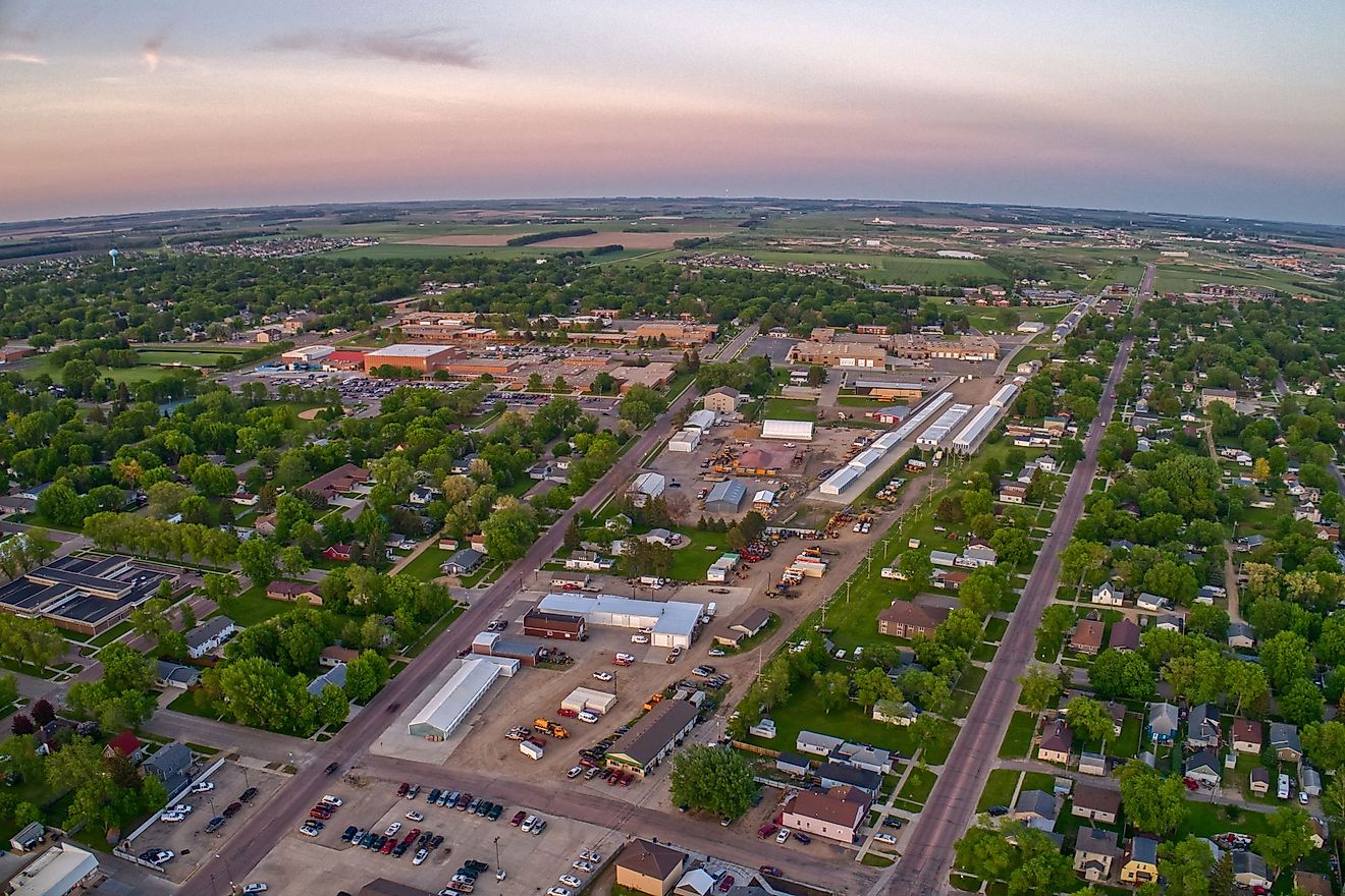 Aerial view of Watertown, South Dakota during a summer sunset. 
