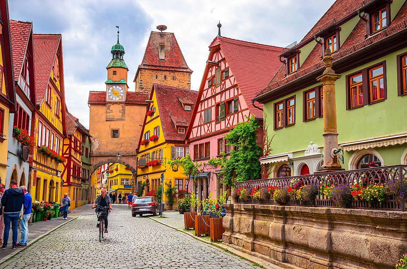 Beautiful streets in Rothenburg ob der Tauber with traditional German houses, Bavaria, Germany. 