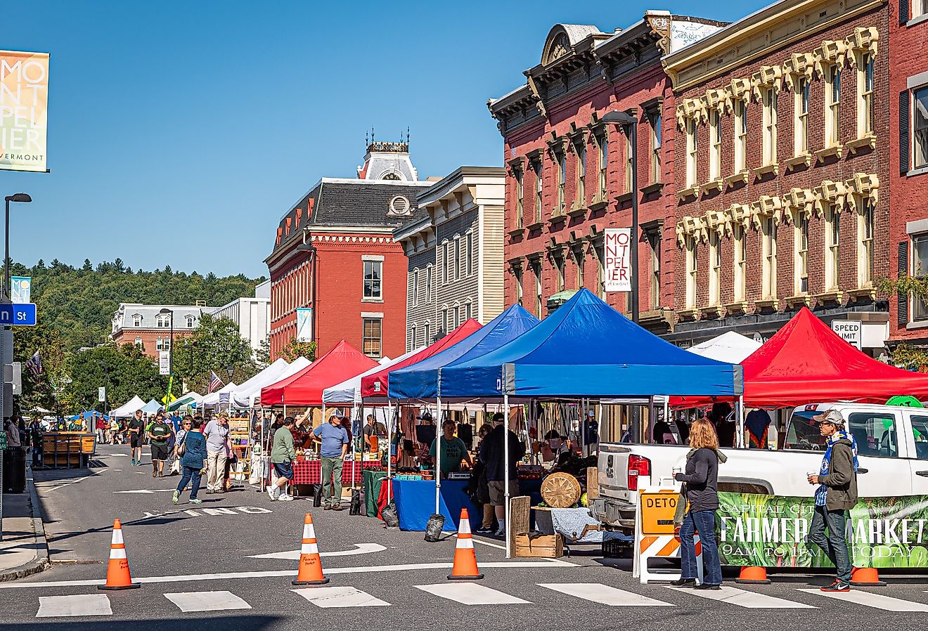 Summer farmers market at State St. and Main in Montpelier, Vermont. Image credit Phill Truckle via Shutterstock
