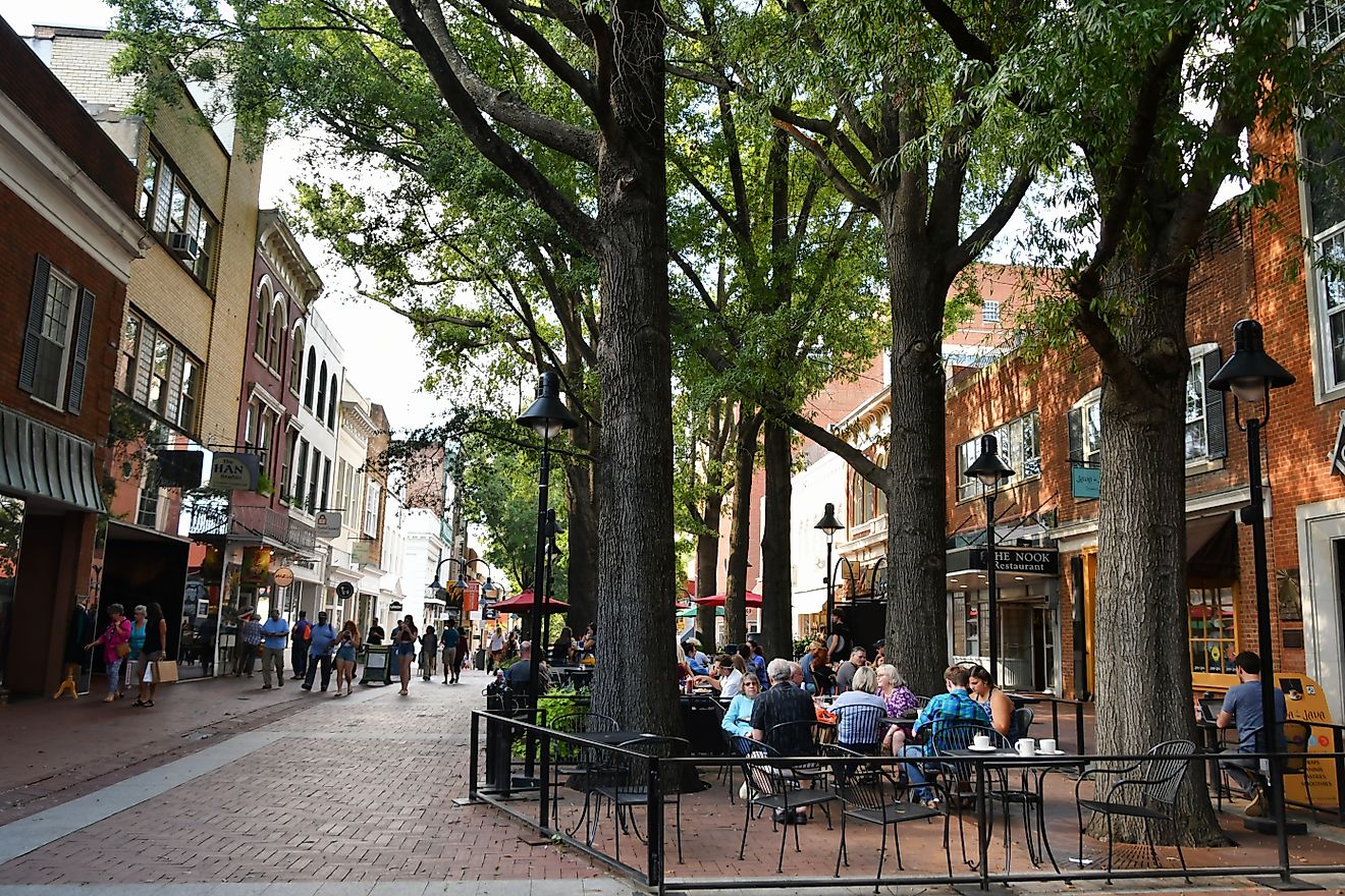 People enjoying a meal at the Downtown Mall in Charlottesville, Virginia. Editorial credit: MargJohnsonVA / Shutterstock.com