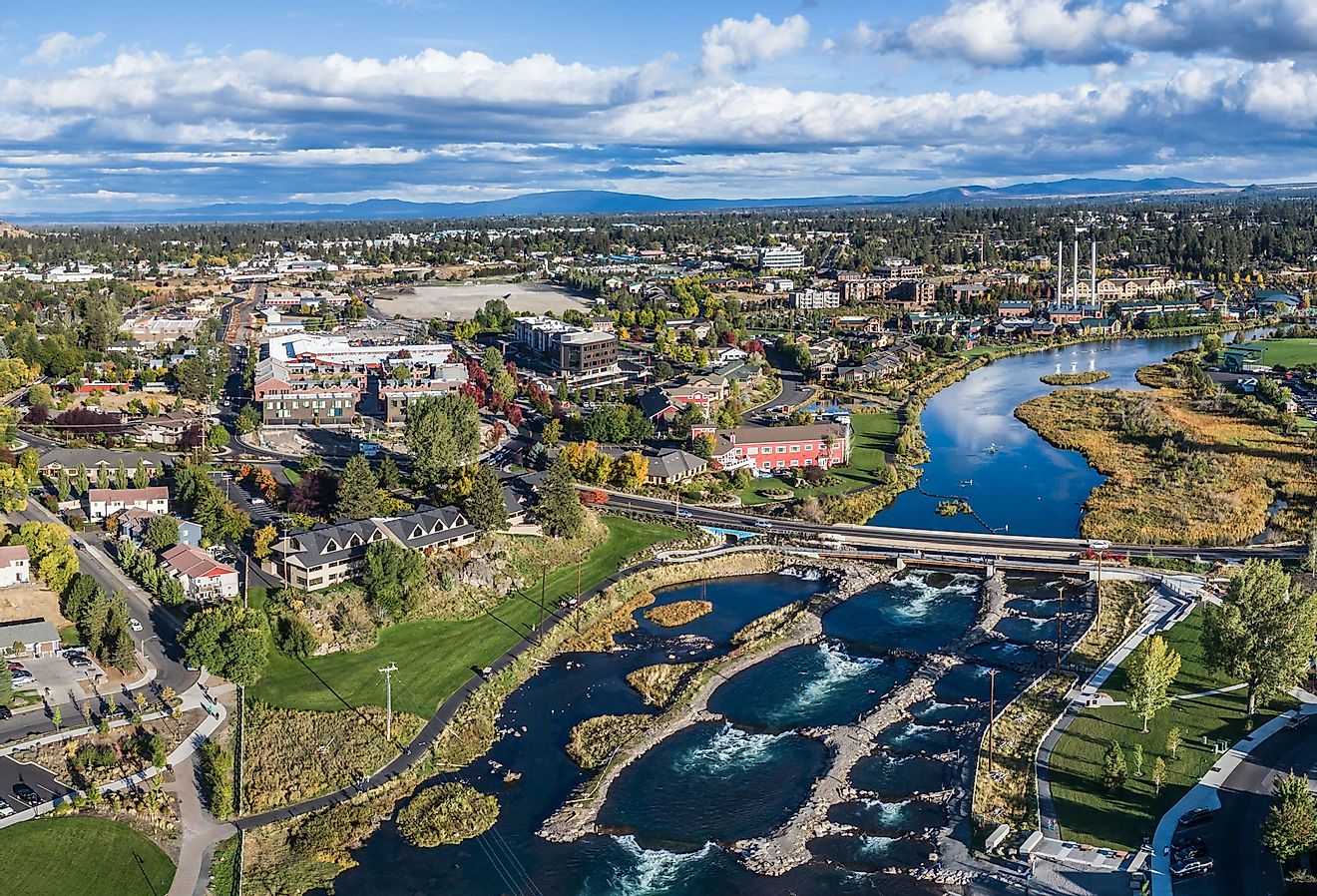 An aerial view of the Bend, Oregon Whitewater Park. Image credit Mike Albright Photography via Shutterstock