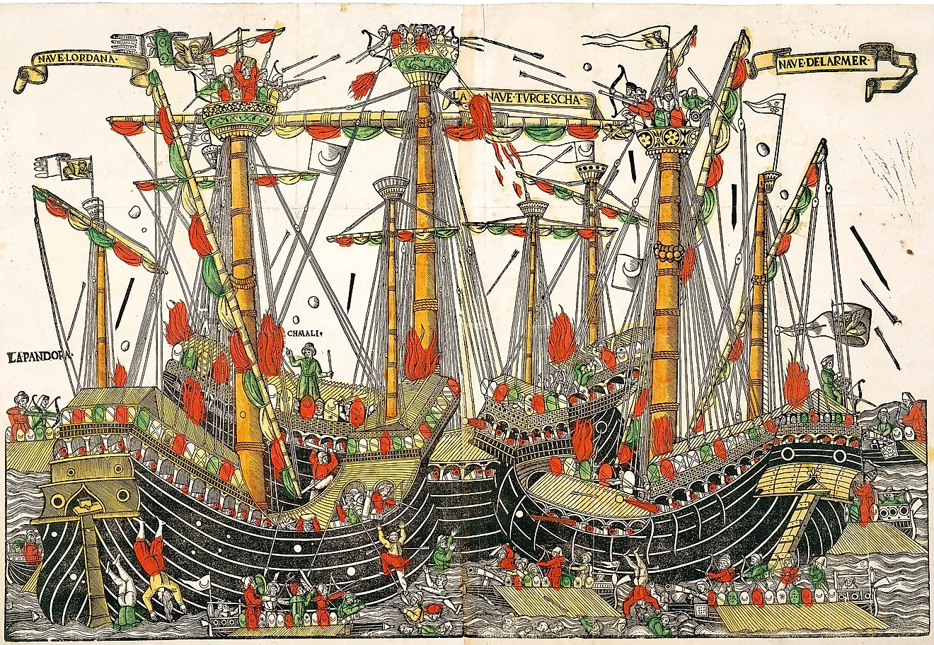 The Battle of Zonchio in 1499. By https://www.britishmuseum.org/collection/object/P_1932-0709-1, Public Domain, Wikimedia Commons.