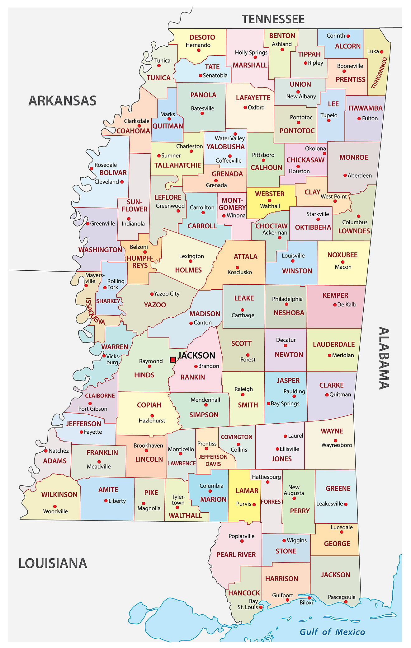 Mapa administrativo de Mississippi que muestra sus 82 condados y la ciudad capital: Jackson (oficialmente, la ciudad de Jackson)