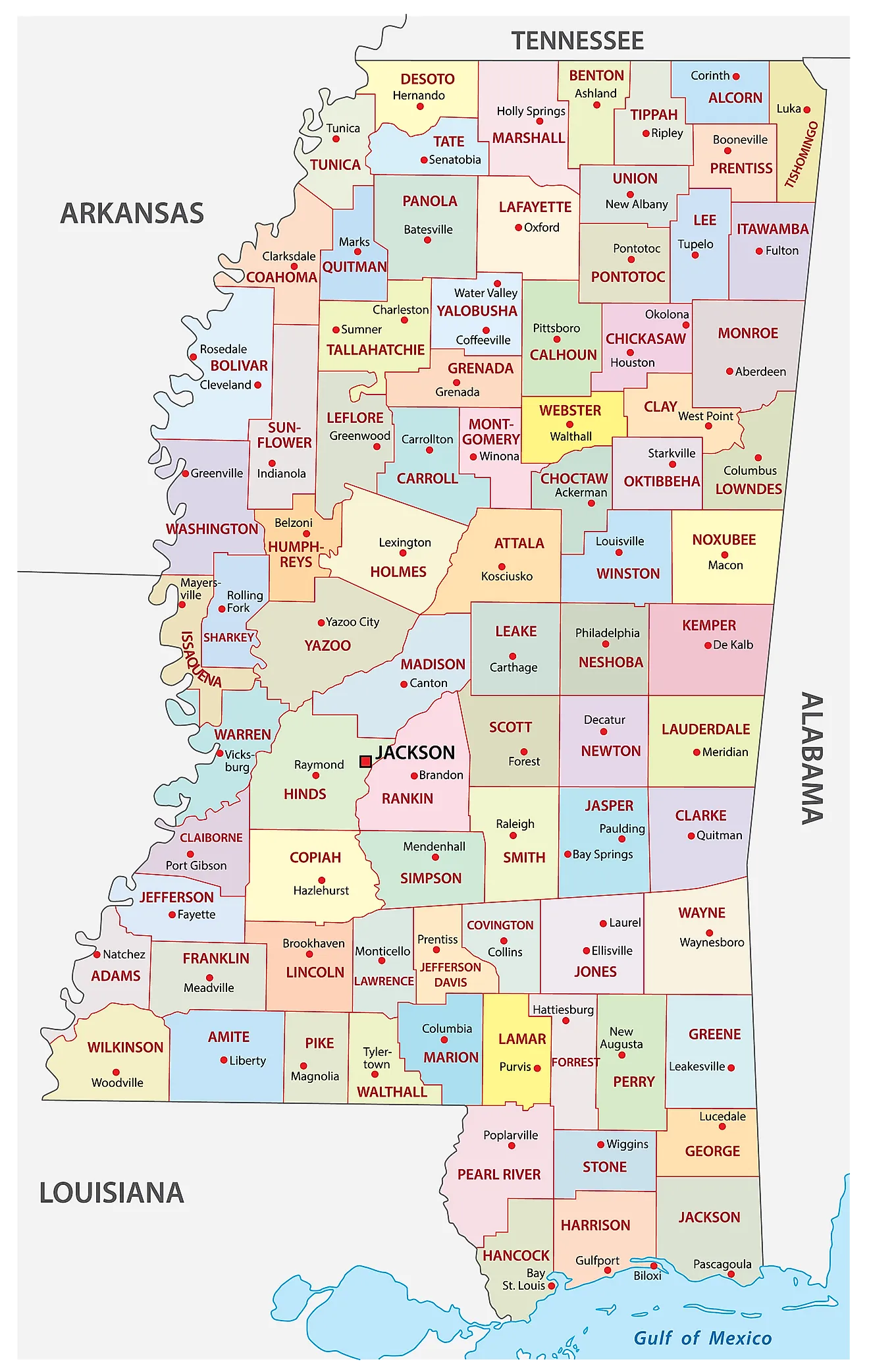 Administrative Map of Mississippi showing its 82 counties and the capital city - Jackson (officially, the City of Jackson)