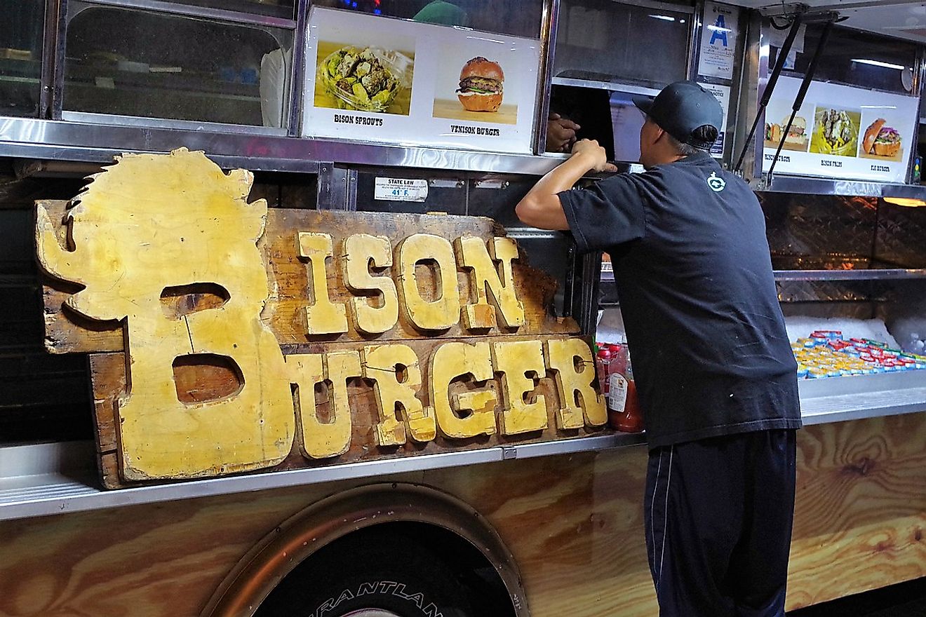 Man ordering a Bison Burger with a side of sprouts at the Bison all meat food truck. Image credit: joey  zanotti from Rancho Palos Verdes, CA, USA