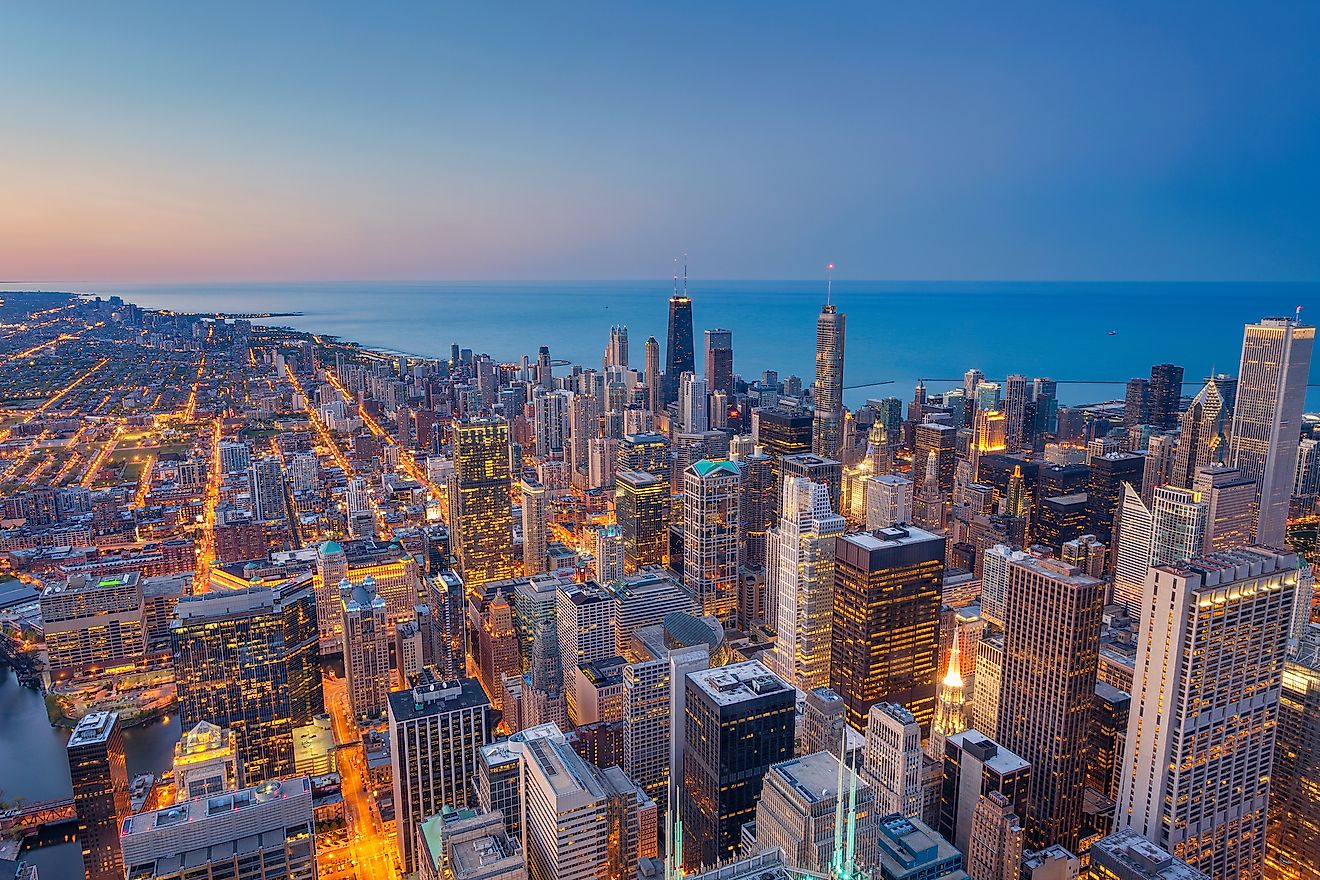 Cityscape image of Chicago downtown during twilight blue hour.