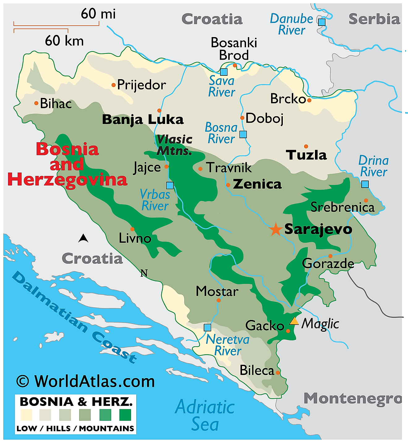 Mapa Físico de Bosnia y Herzegovina. Muestra las características físicas de Bosnia y Herzegovina, incluidas sus cadenas montañosas y sus principales ríos.