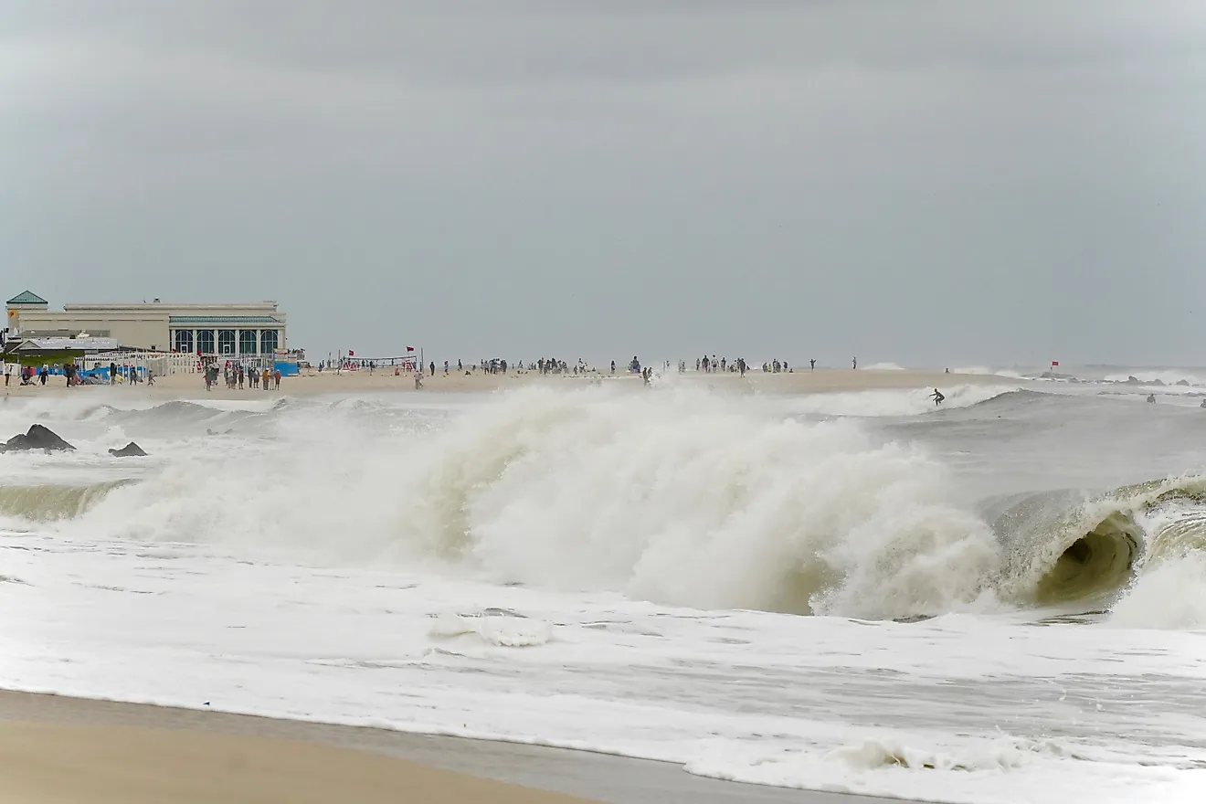Rough seas, rip currents and high winds caused by Hurricane Erin batter and flood Cape May's iconic Atlantic coast beaches, Editorial credit: George Wirt / Shutterstock.com