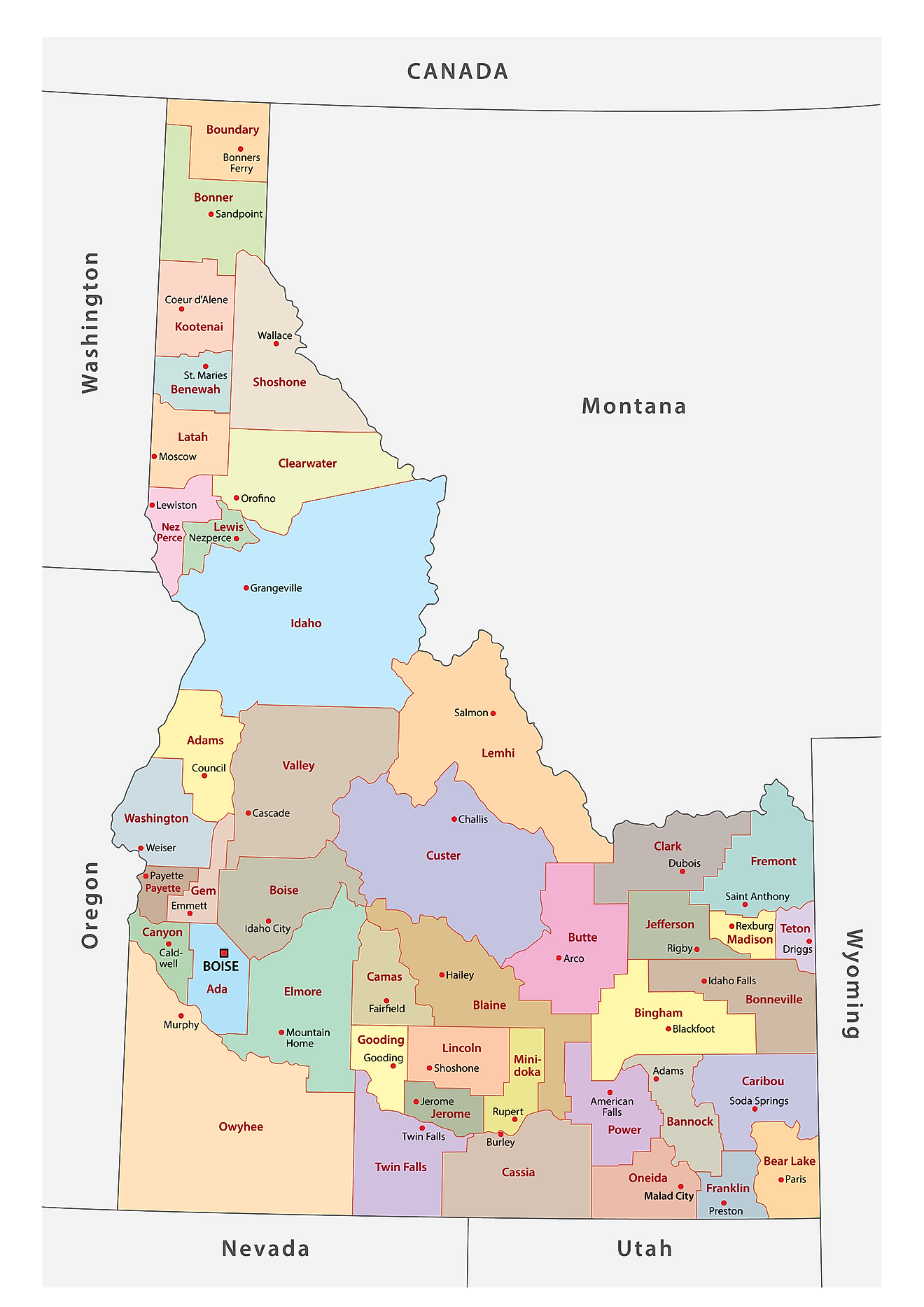 Administrative Map of Idaho showing its 44 counties and the capital city - Boise