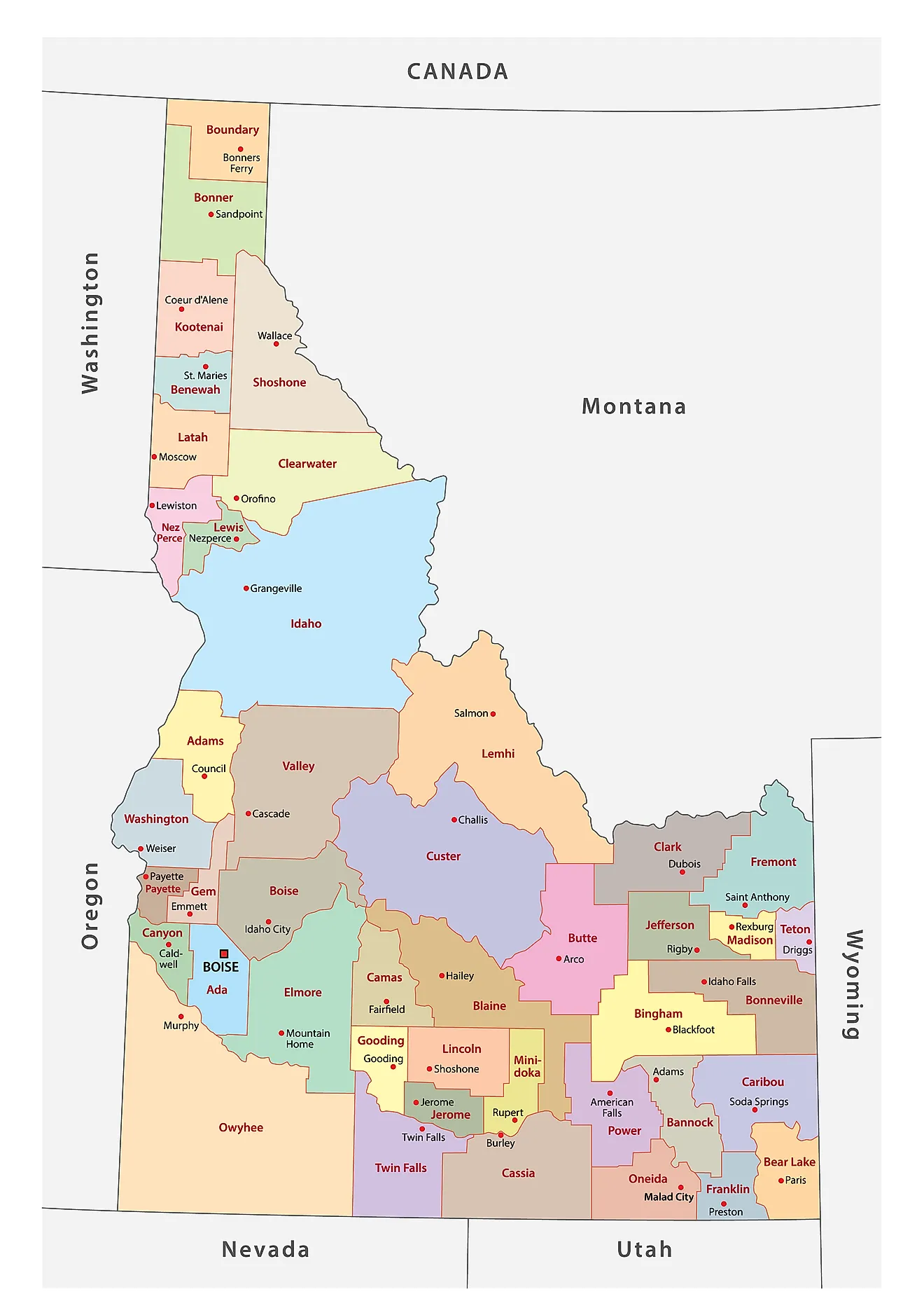 Administrative Map of Idaho showing its 44 counties and the capital city - Boise