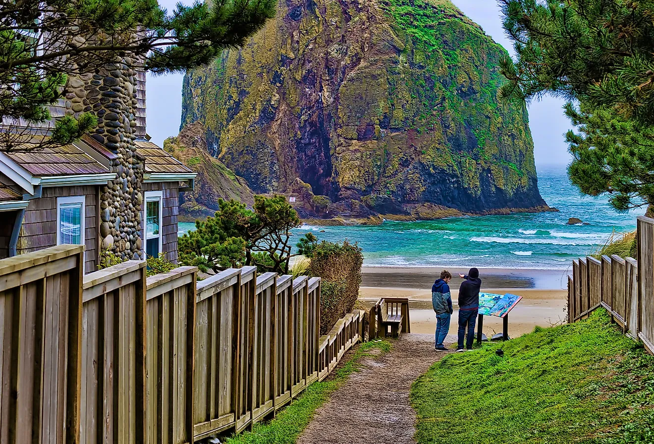 The beach and Haystack Rock at Cannon Beach, Oregon.