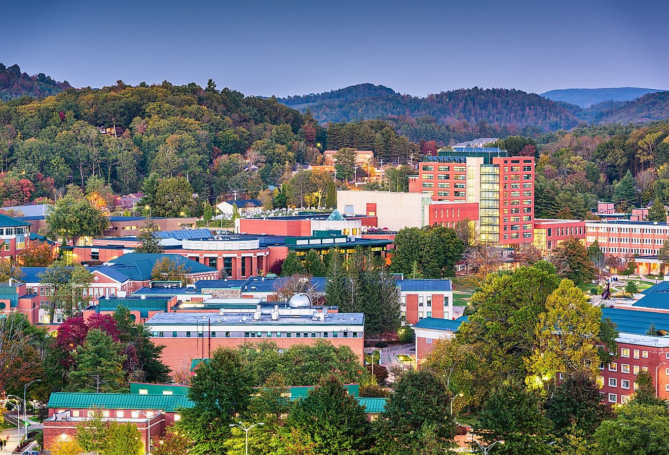 Boone, North Carolina, USA campus and town skyline at twilight. 