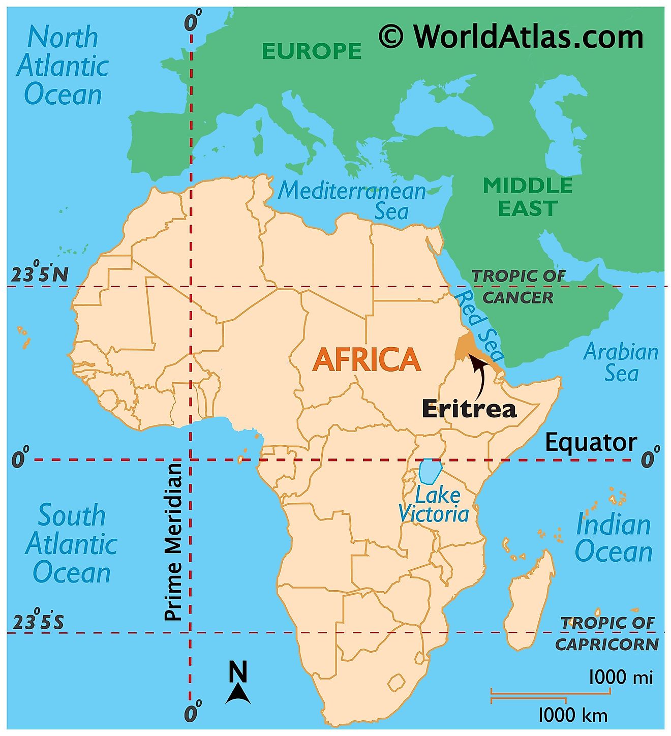 Map showing location of Eritrea in the world.