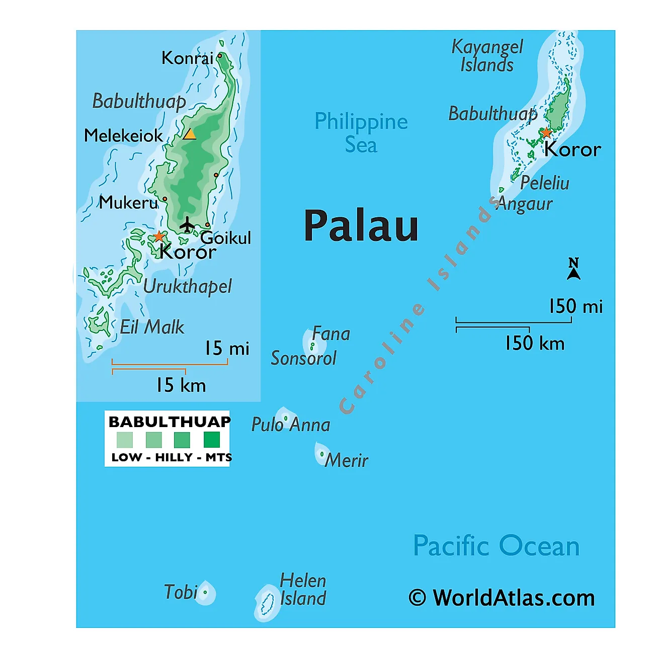 Physical Map of Palau showing its relief, islands, location, nearby islands, highest point, and more.