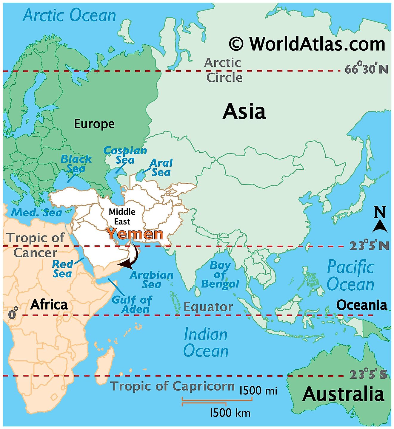 Map showing location of Yemen in the world.