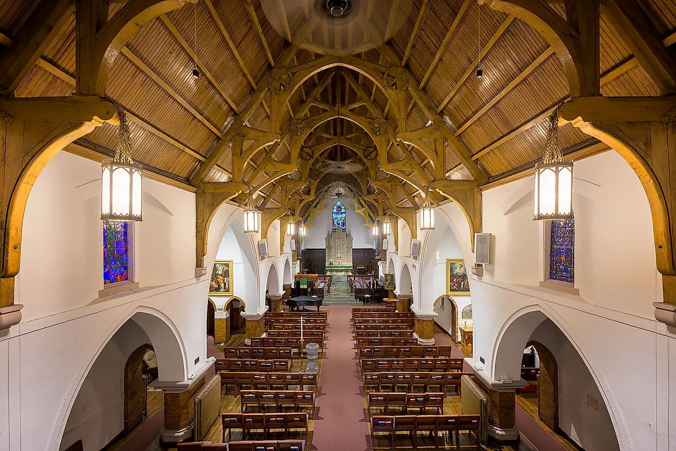 Interior nave of the historic St. Matthew's Episcopal Cathedral in Laramie, Wyoming. Image by Nagel Photography via Shutterstock.