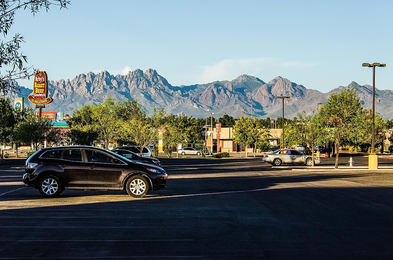 Las Cruces, USA - July 26, 2015: Organ Mountains in New Mexico in downtown city shopping center parking lot