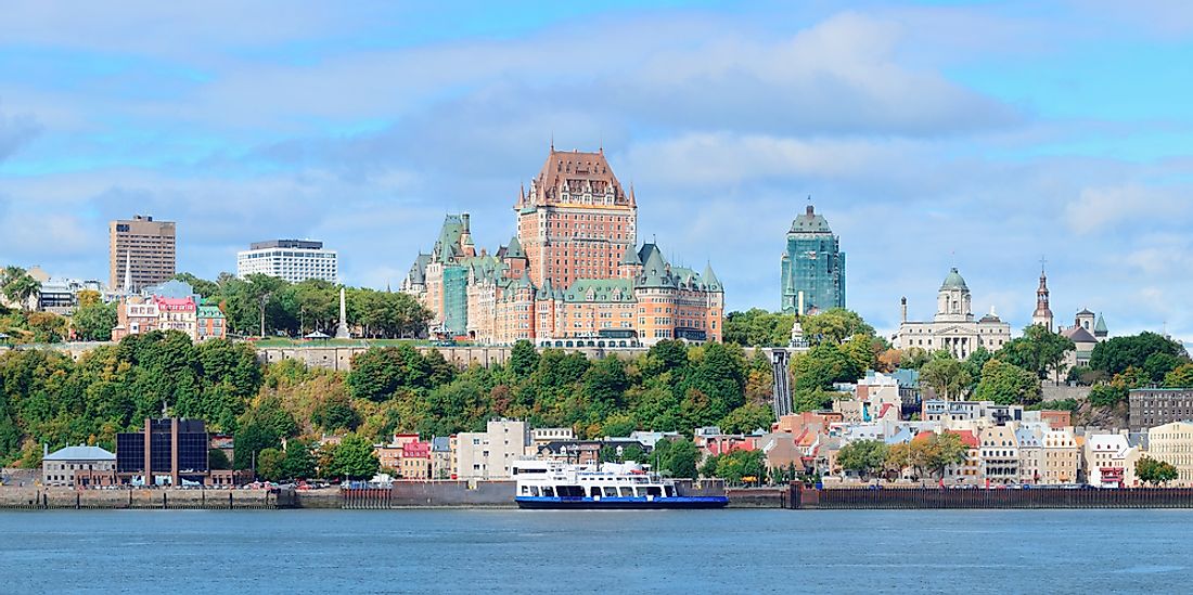 Quebec City skyline and view of the famous Château Frontenac from the St Lawrence River. 