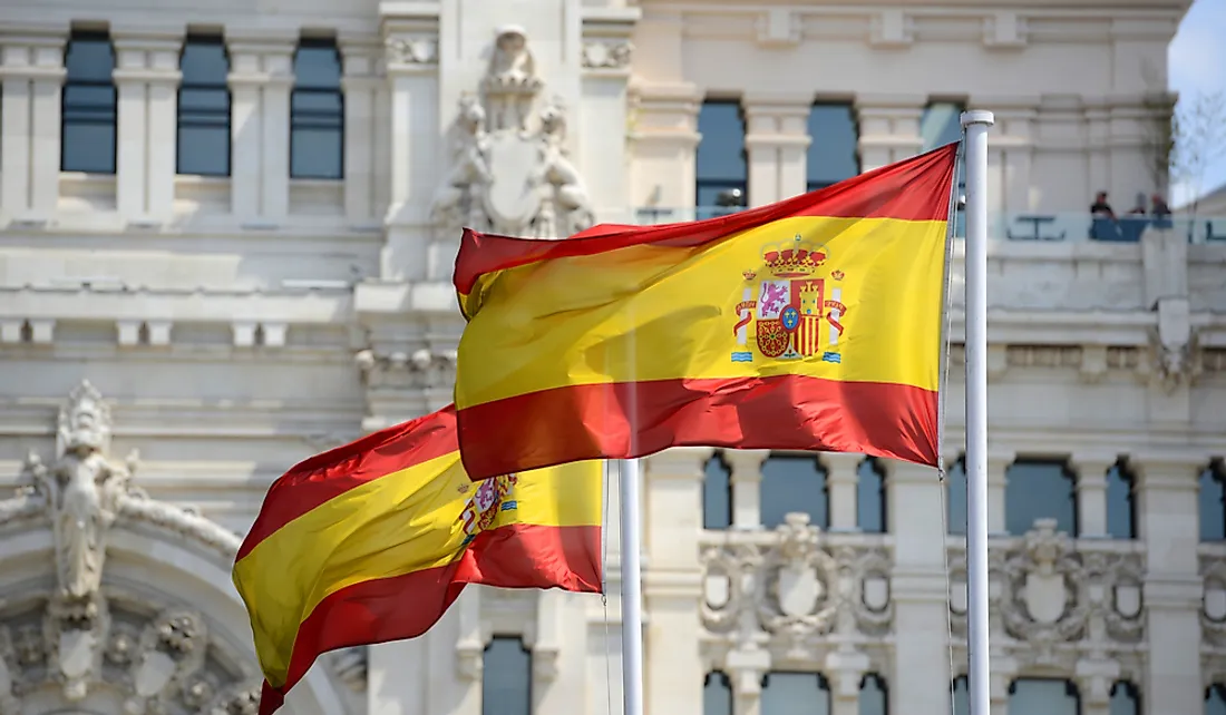 Spanish flags in front of the Palace of Communication in Madrid, Spain.