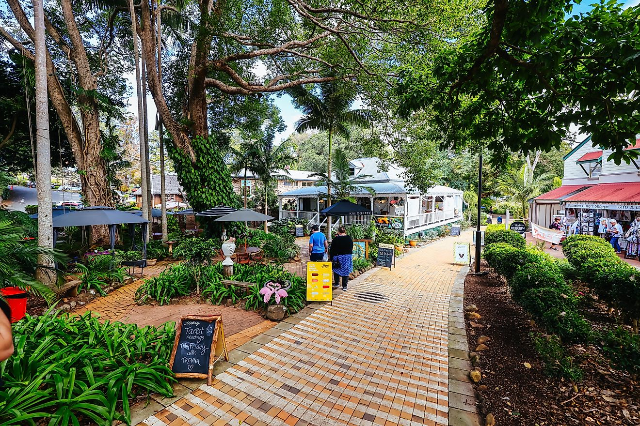 The quaint popular town of Montville on a sunny winter's day in the Glasshouse Mountains near Sunshine Coast in Queensland, Australia