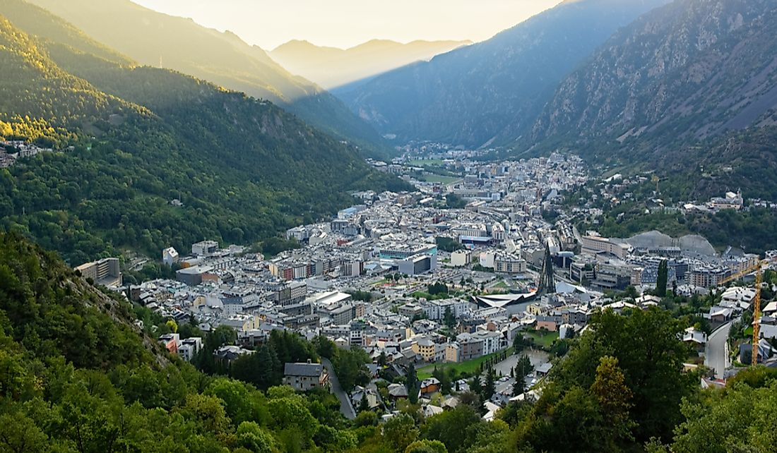 The capital, Andorra La Vella nestled in the East Pyrenees Mountains.