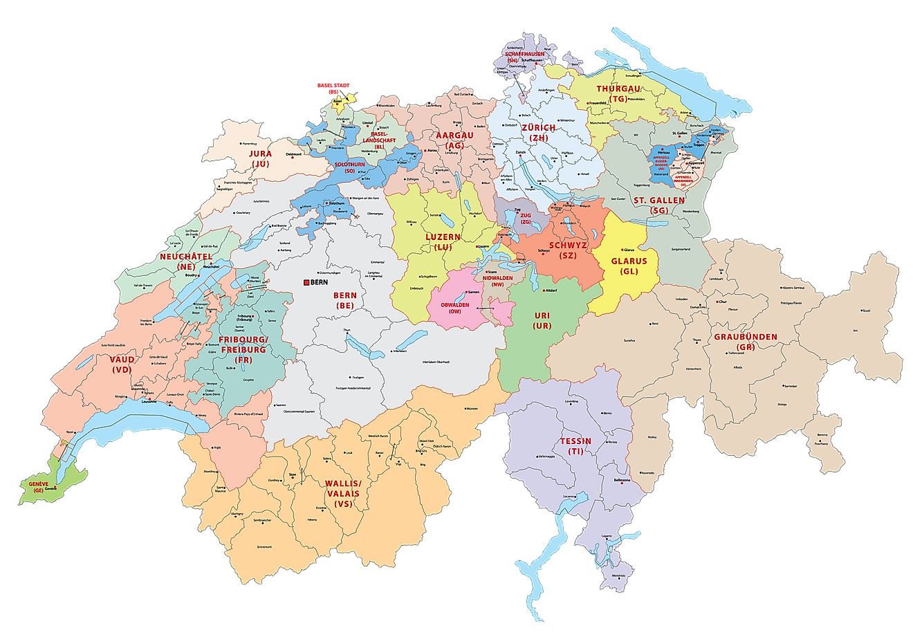 Political Map of Switzerland showing 26 cantons and the capital city of Bern
