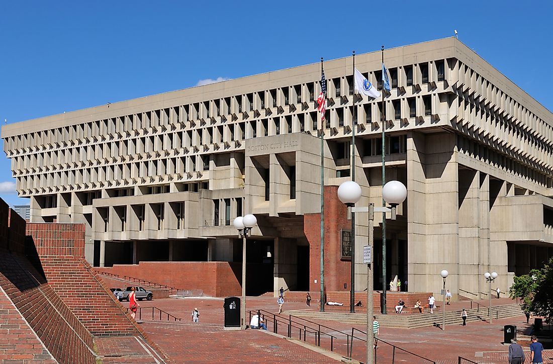 Boston City Hall in its brutalist form.