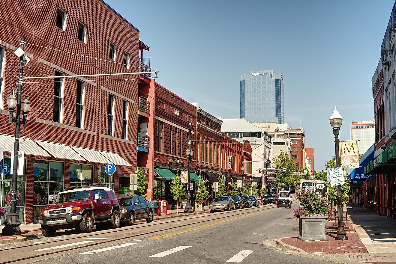 Downtown Little Rock, Arkansas. Street scenery with typical redbrick buildings.