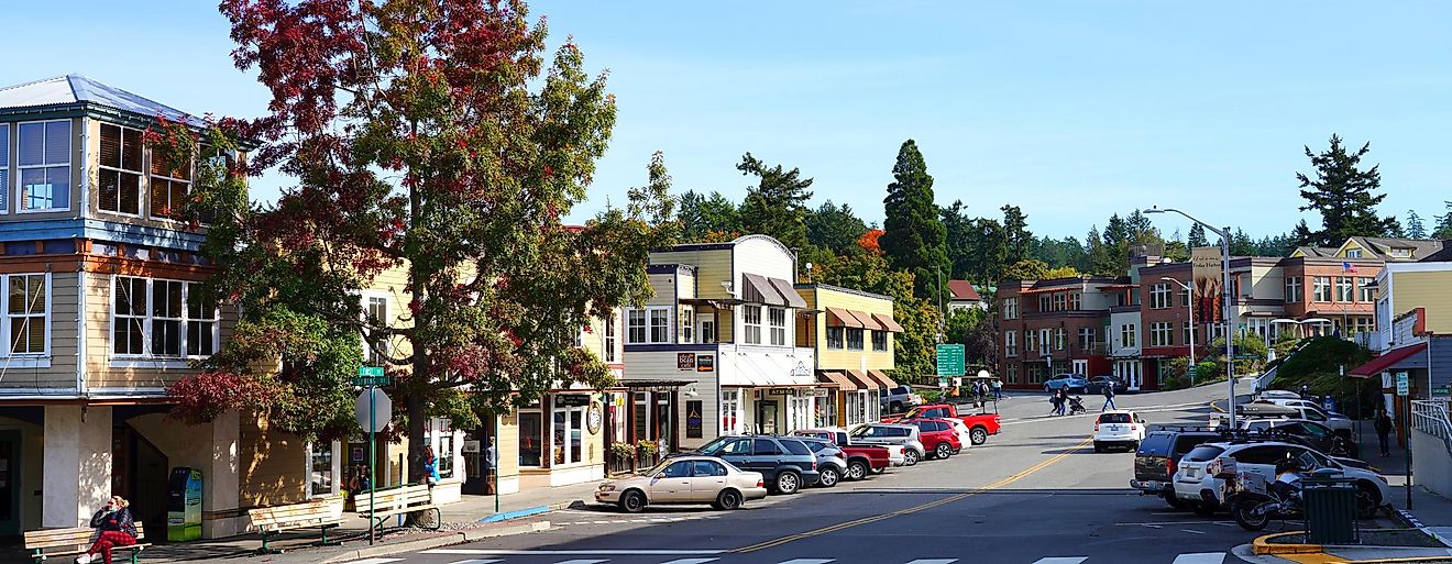 Downtown Friday Harbor, Washington on a sunny day. Editorial credit: EQRoy / Shutterstock.com