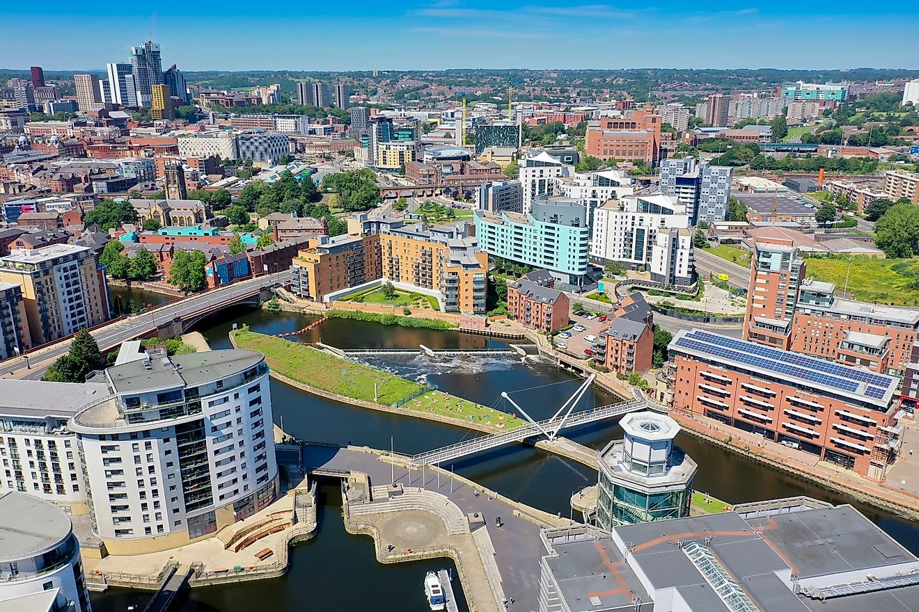 Aerial view of the Leeds City Center taken from the area known as The Leeds Dock on a bright sunny summers day. 