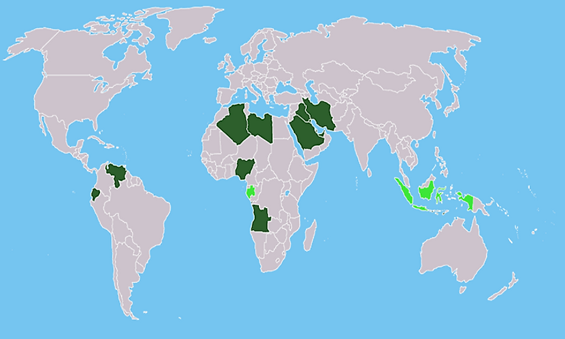 OPEC Countries: Dark green: OPEC Member States, Light green: Former OPEC Members States