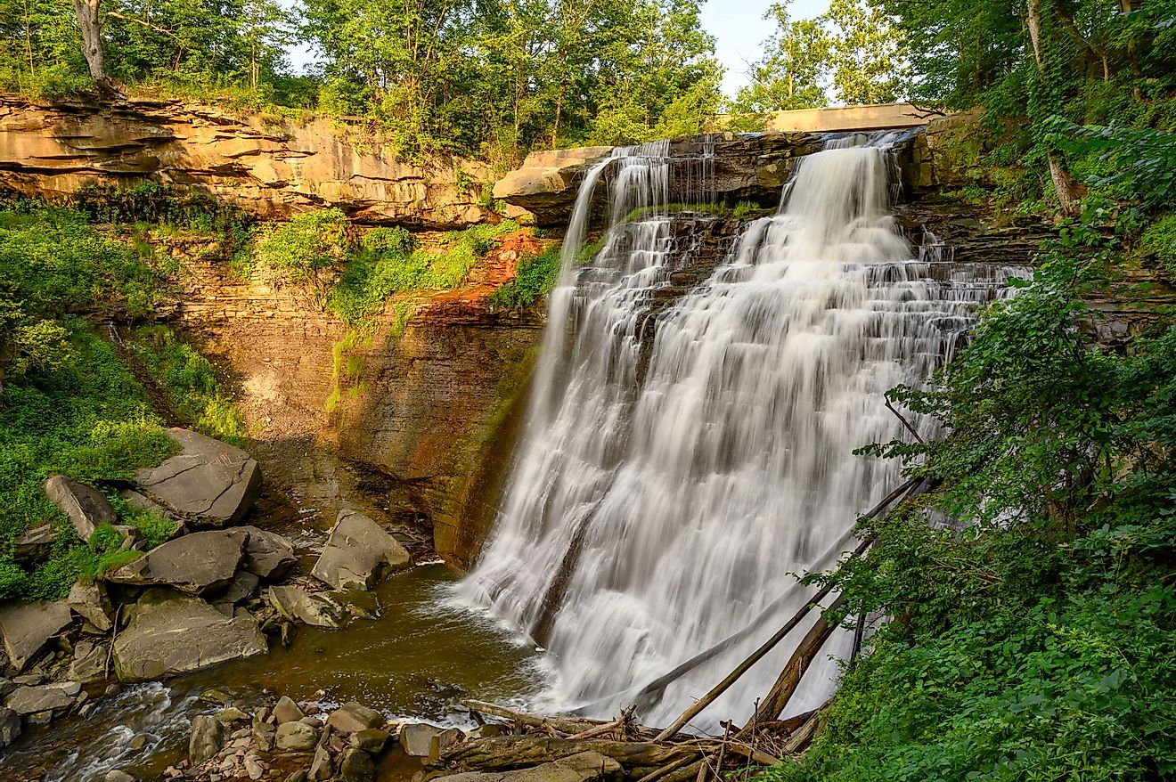 Brandywine Falls in Cuyahoga Valley National Park, Ohio at dusk in summer. 