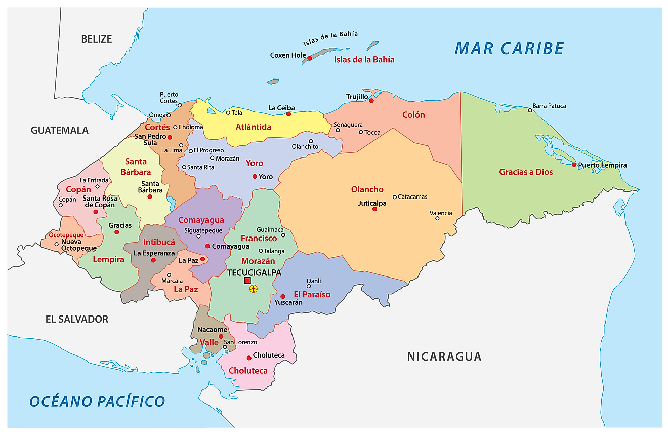 Mapa Político de Honduras mostrando sus 18 departamentos y la ciudad capital Tegucigalpa