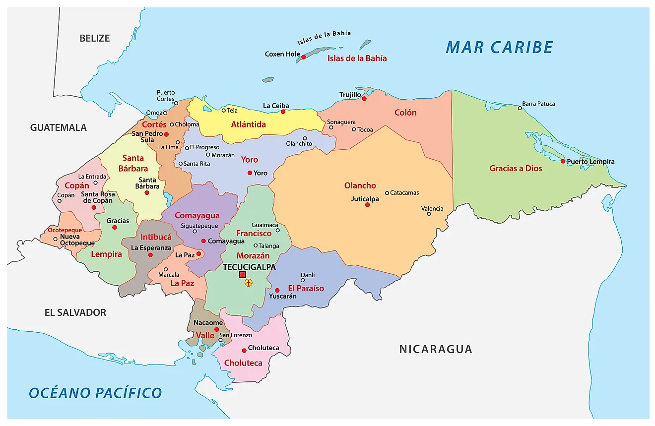 Political Map of Honduras showing its 18 departments and the capital city Tegucigalpa