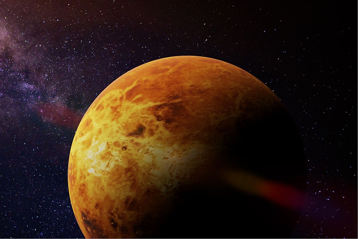 A dense carbon dioxide cloud gives Venus a reddish-brown appearance. 