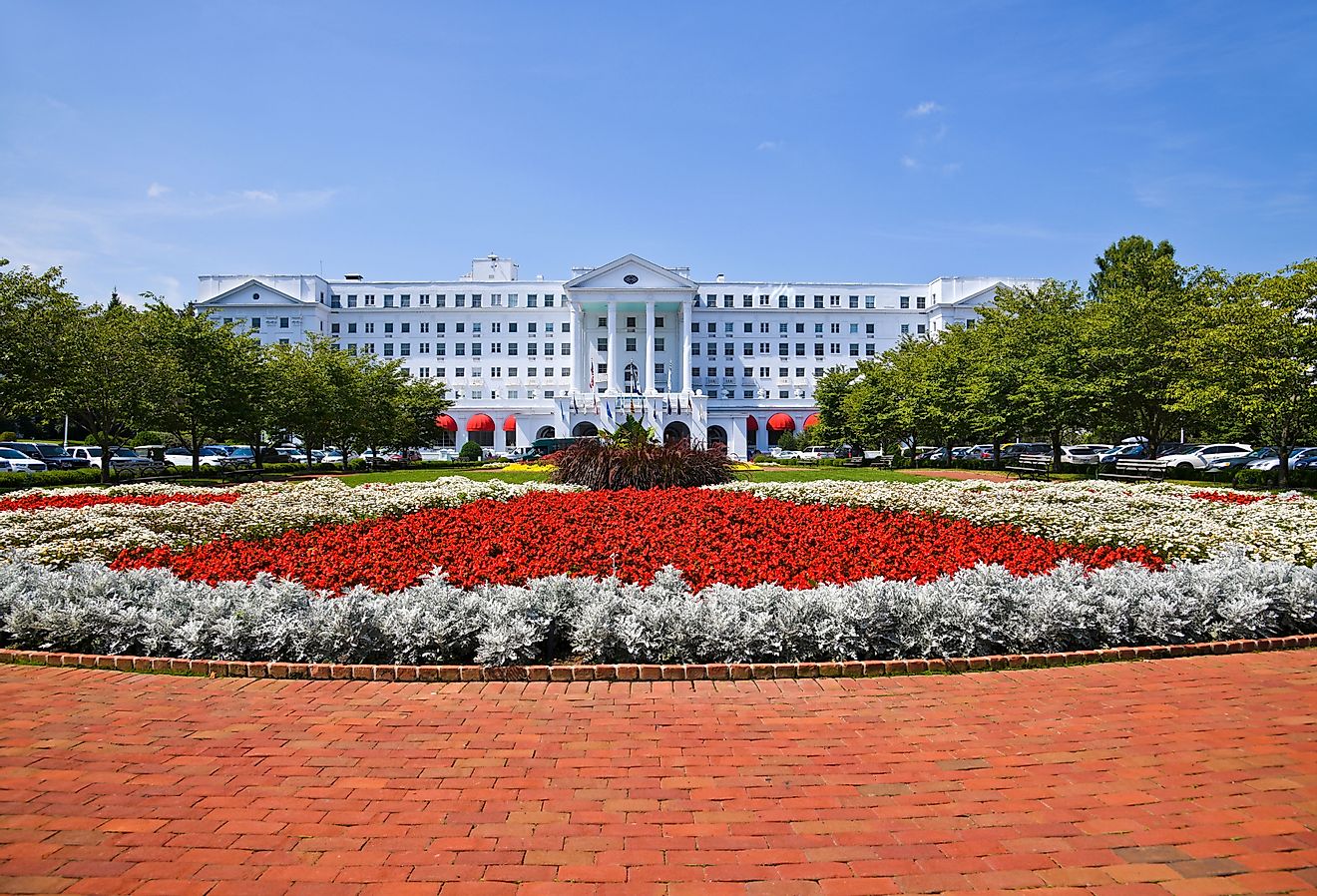 The Greenbrier is a luxury resort located in the Allegheny Mountains near White Sulphur Springs in Greenbrier County, West Virginia. Image credit Mark Winfrey via Shutterstock.
