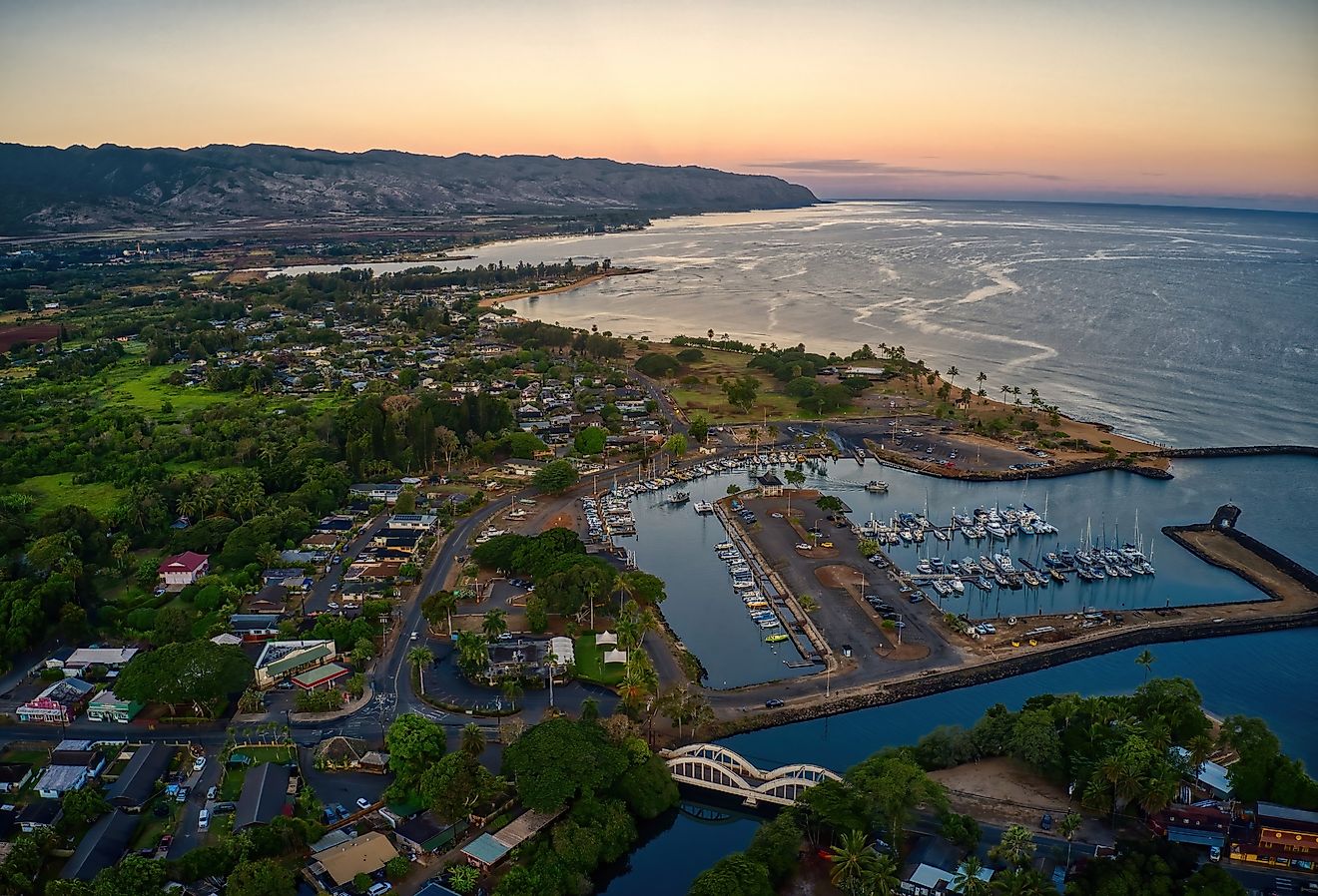 Overlooking downtown Haleiwa, Hawaii at sunrise.