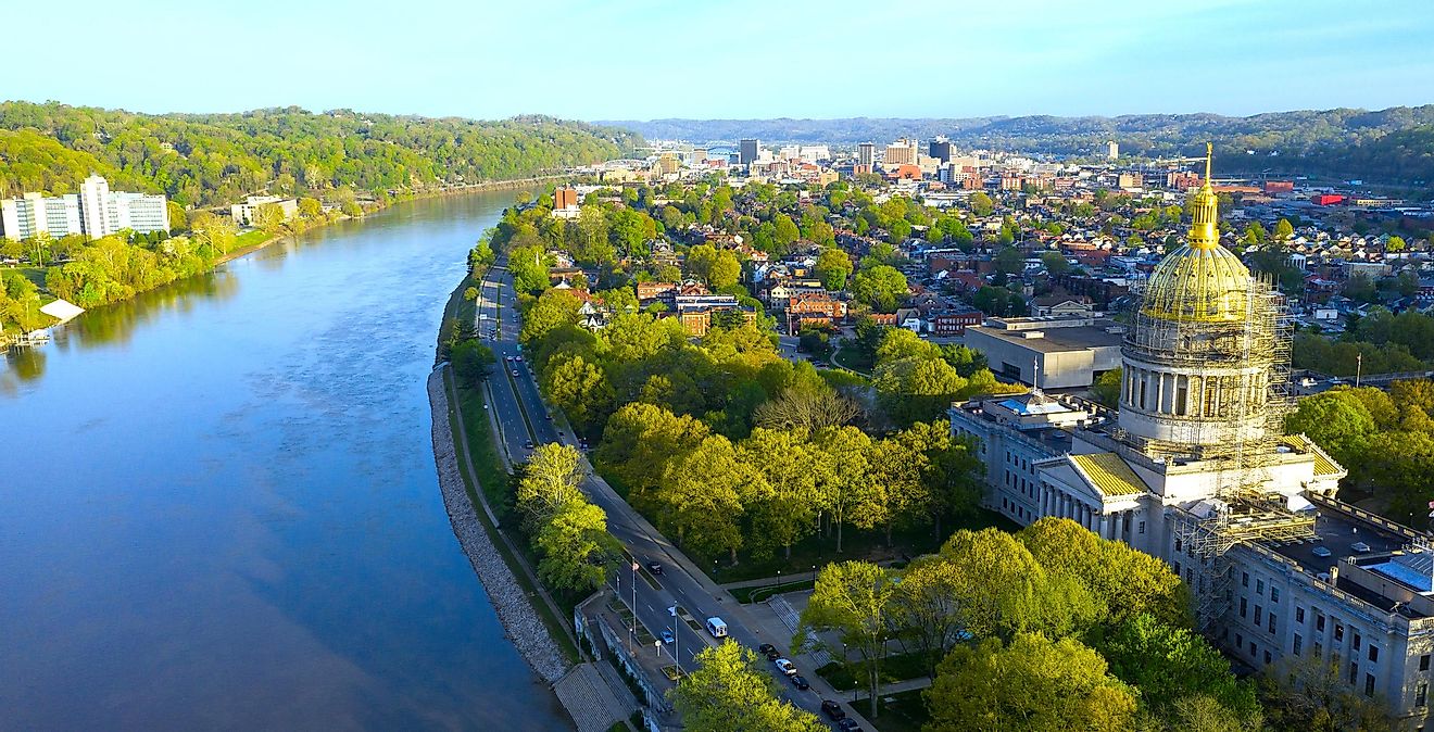 The Kanawha River flowing by picturesque Charleston, West Virginia.