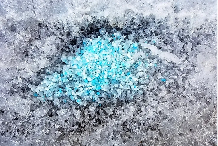Salt is commonly used to melt ice from roadways, sidewalks, and walkways.