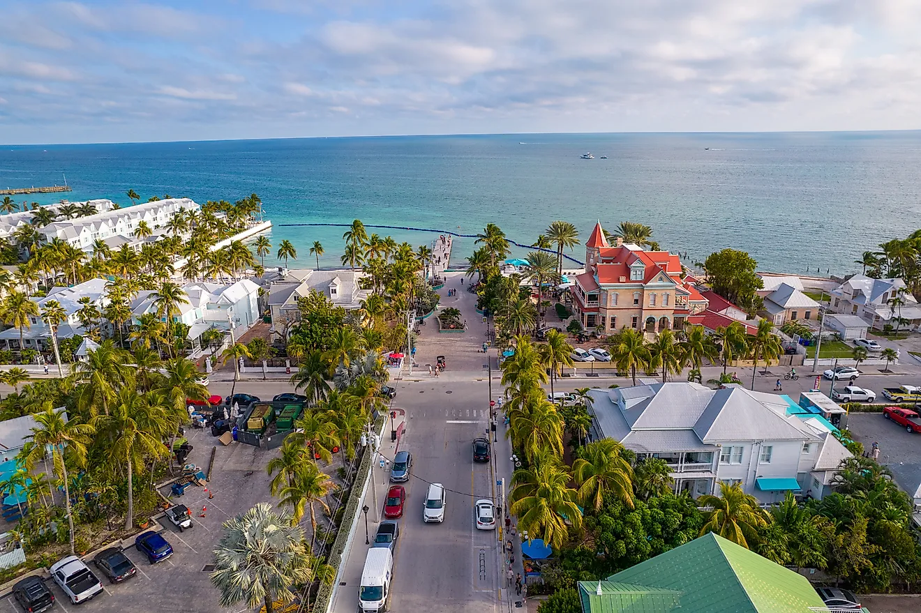 Beautiful aerial view of Key West, its magnificent beach and town in Florida